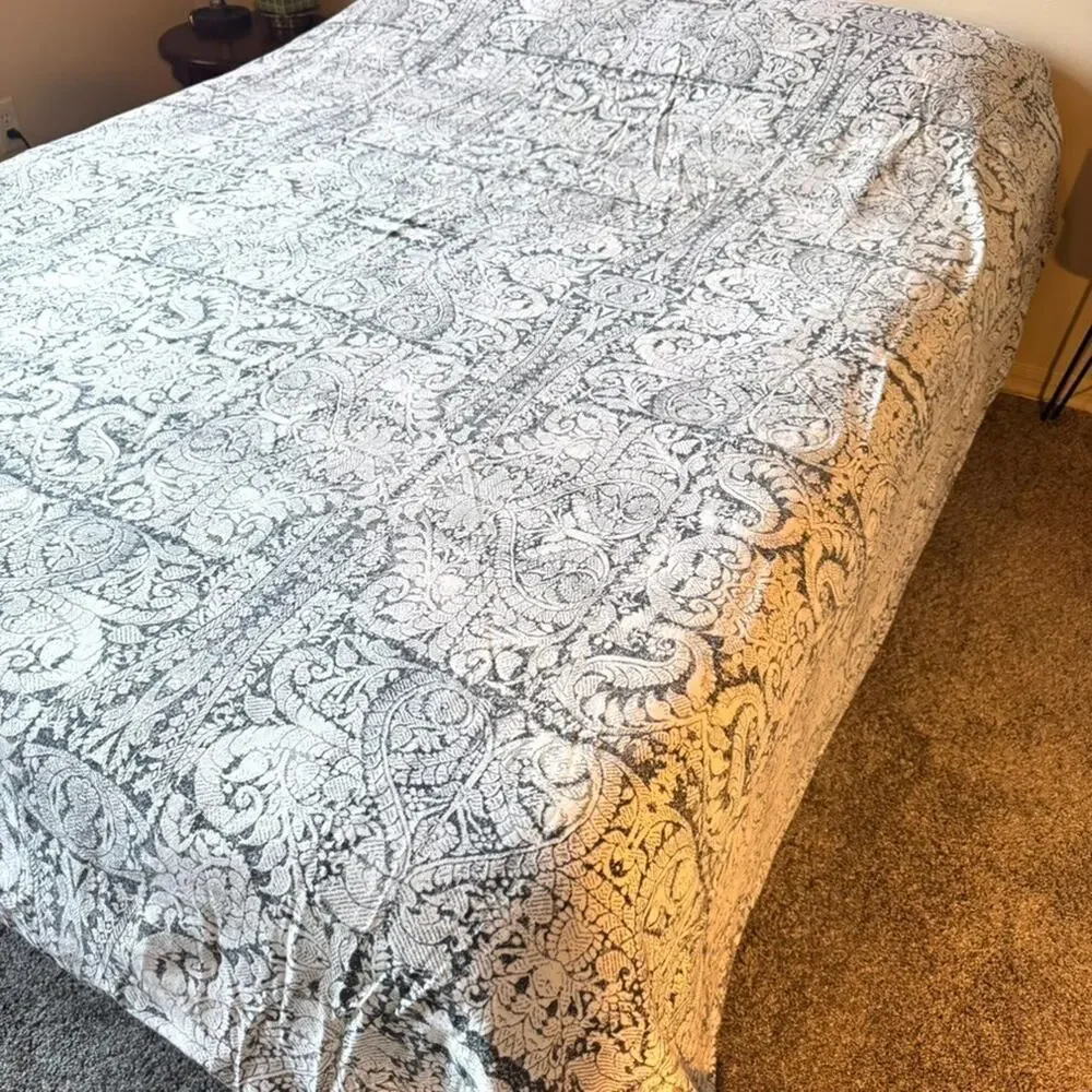 Crate And Barrel King Duvet Cover Linley Charcoal Gray Damask Cotton Linen EUC